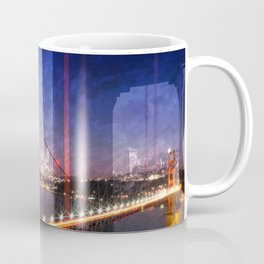 City Art Golden Gate Bridge Composing Coffee Mug | Skyscraper, Collage, Landmark, Sunset, Mixed Media, Pop Art, Evening, Sight, California, Digital 