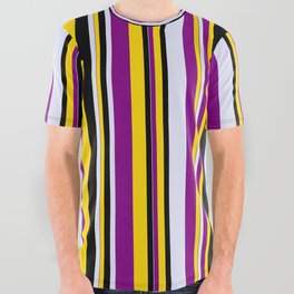[ Thumbnail: Yellow, Purple, Lavender & Black Colored Striped/Lined Pattern All Over Graphic Tee ]