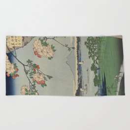 Cherry Blossoms on Spring River Ukiyo-e Japanese Art Beach Towel