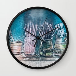 The Artist's Shelf Wall Clock | Tools, Pencils, Mugs, Pottery, Containers, Organization, Clay, Blue, Spigot, Sketchbook 