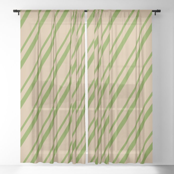 Green & Tan Colored Lined/Striped Pattern Sheer Curtain