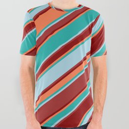 [ Thumbnail: Light Sea Green, Light Blue, Brown, Dark Red & Coral Colored Stripes/Lines Pattern All Over Graphic Tee ]