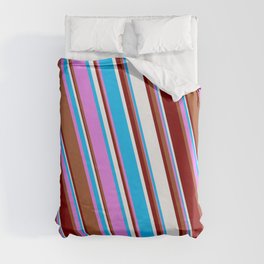 [ Thumbnail: Vibrant Violet, Sienna, Maroon, White, and Deep Sky Blue Colored Stripes Pattern Duvet Cover ]