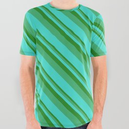 [ Thumbnail: Forest Green, Sea Green & Turquoise Colored Lined Pattern All Over Graphic Tee ]