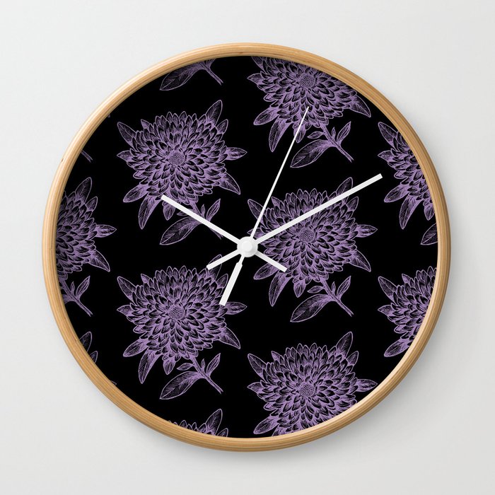 Elegant Flowers Floral Nature Black Purple Violet Lavender Wall Clock