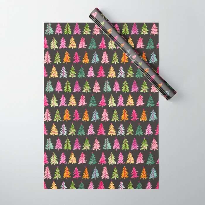 Colorful Vintage Bottlebrush Christmas Trees on Black Wrapping Paper