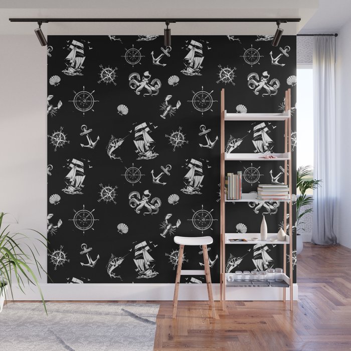 Black And White Silhouettes Of Vintage Nautical Pattern Wall Mural