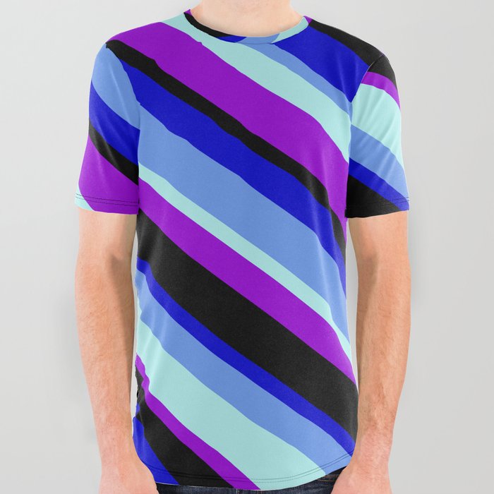 Colorful Blue, Cornflower Blue, Turquoise, Dark Violet, and Black Colored Pattern of Stripes All Over Graphic Tee