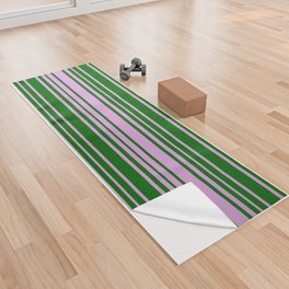 [ Thumbnail: Dark Green and Plum Colored Striped Pattern Yoga Towel ]