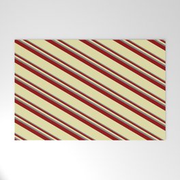 [ Thumbnail: Grey, Dark Red & Pale Goldenrod Colored Striped Pattern Welcome Mat ]