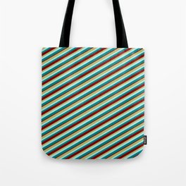 [ Thumbnail: Dark Khaki, Turquoise, Teal, and Maroon Colored Lines/Stripes Pattern Tote Bag ]