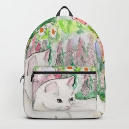 White Cat in a Garden Backpack