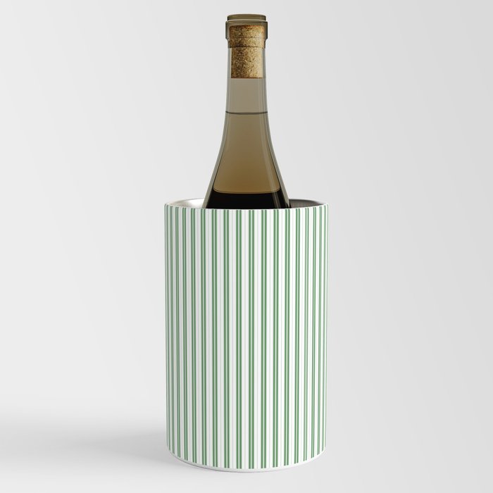 Fern Green and White Micro Vertical Vintage English Country Cottage Ticking Stripe Wine Chiller