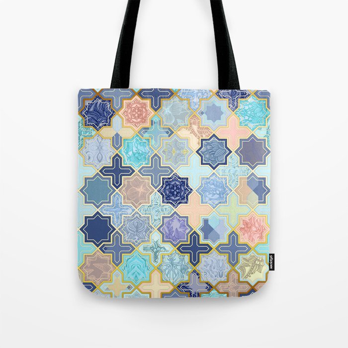 Cream, Navy and Aqua Geometric Tile Pattern Tote Bag by micklyn | Society6