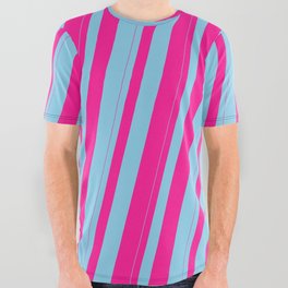 [ Thumbnail: Sky Blue & Deep Pink Colored Striped Pattern All Over Graphic Tee ]