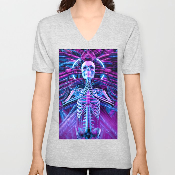 Gothic Harmony Science Fiction Cyberpunk Skeleton Meditation V Neck T Shirt