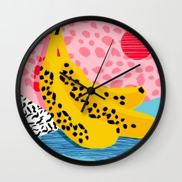 What It Is - memphis throwback banana fruit retro minimal pattern neon bright 1980s 80s style art Wall Clock