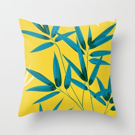 Bamboo Leaves Illustration Cyan on Yellow Throw Pillow