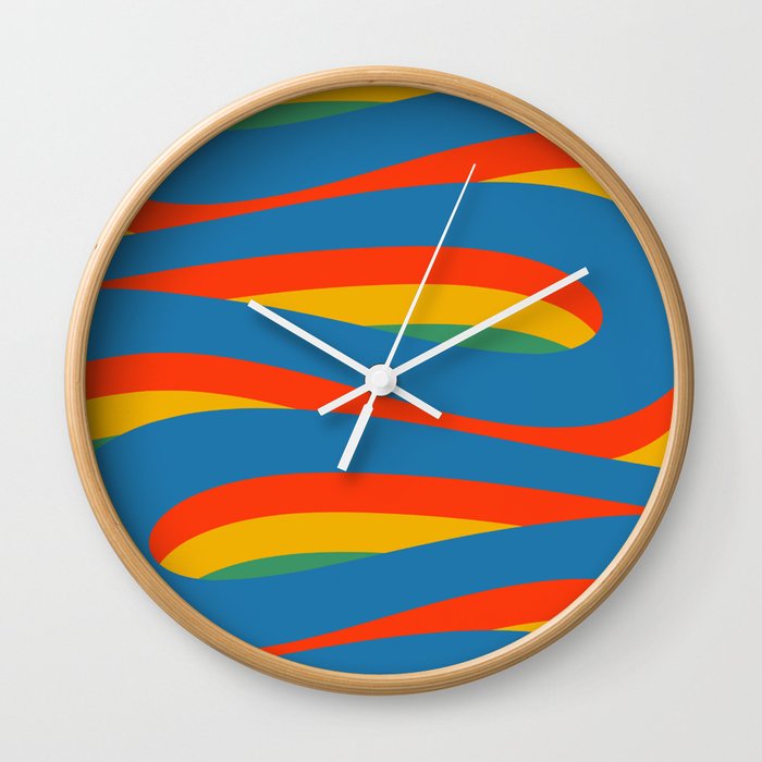 Pop Swirl Wavy Abstract Line Pattern Colorful Bright Blue Red Yellow Green Wall Clock