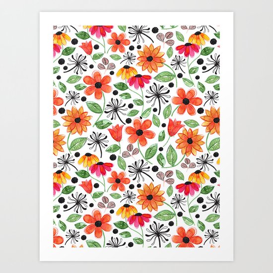 Dandelions & Flowers / White Art Print