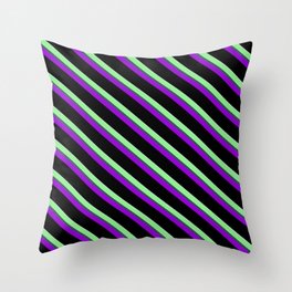 [ Thumbnail: Colorful Light Green, Dark Slate Gray, Dark Violet, Black, and Light Cyan Colored Stripes Pattern Throw Pillow ]