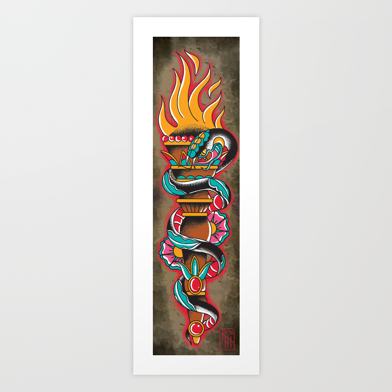 Traditional Snake Torch Tattoo Flash Art Print By Robertmorrow Society6