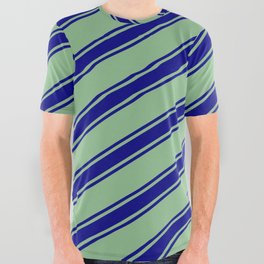 [ Thumbnail: Dark Sea Green and Blue Colored Lined/Striped Pattern All Over Graphic Tee ]