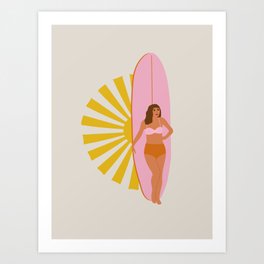 girl, surfboard and sun Art Print