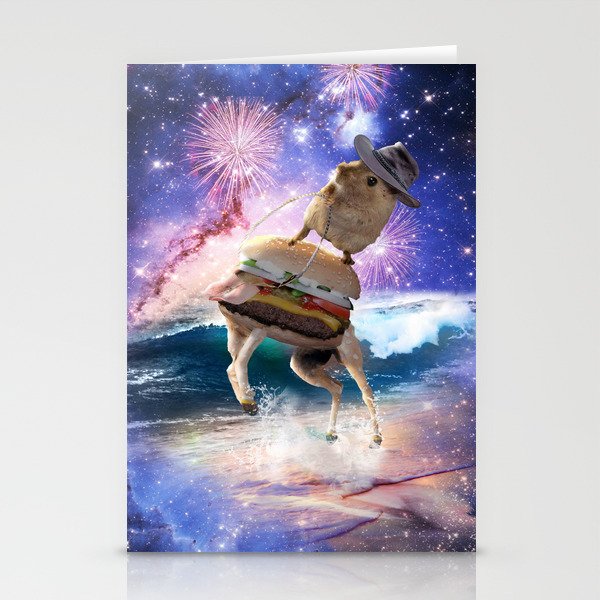 Cowboy Hamster Riding Burger In Beach Space Stationery Cards