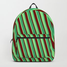 [ Thumbnail: Light Green, Maroon & Sea Green Colored Stripes/Lines Pattern Backpack ]