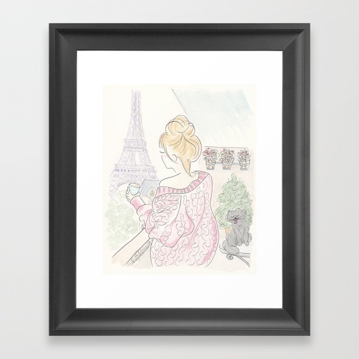 Paris Eiffel Tower Fashionable Morning Coffee And Kitty Cat Framed Art Print By Shellsherree