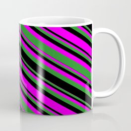 [ Thumbnail: Fuchsia, Forest Green & Black Colored Lines/Stripes Pattern Coffee Mug ]
