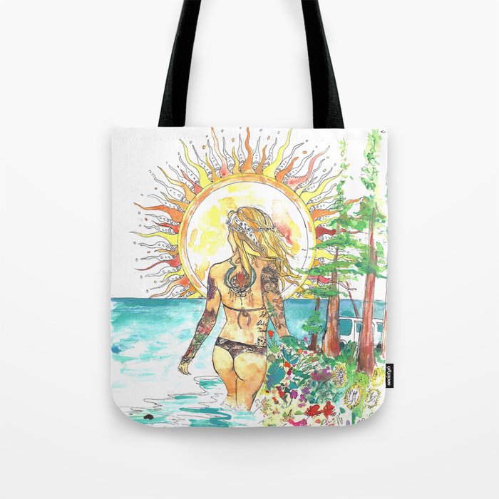 The Sun Tarot Card Bohemian Ocean Goddess Risa Painting Tote Bag