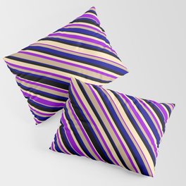 [ Thumbnail: Eyecatching Beige, Dark Violet, Tan, Dark Blue & Black Colored Stripes/Lines Pattern Pillow Sham ]
