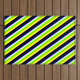 [ Thumbnail: Colorful Blue, Lavender, Green, Yellow, and Black Colored Stripes Pattern Outdoor Rug ]