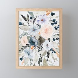 Loose Blue and Peach Floral Watercolor Bouquet  Framed Mini Art Print