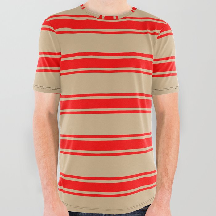 Tan & Red Colored Lines Pattern All Over Graphic Tee