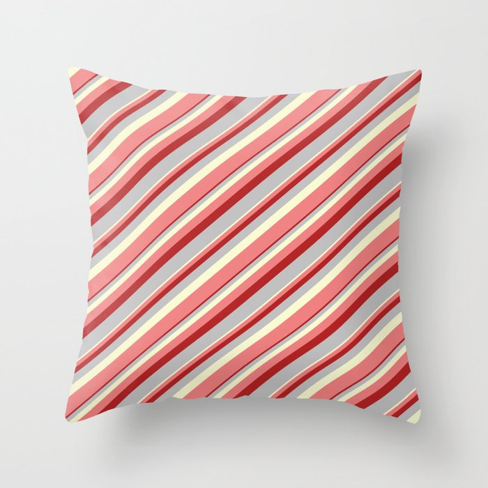 Light Yellow, Light Coral, Red, and Grey Colored Lines/Stripes Pattern Throw Pillow