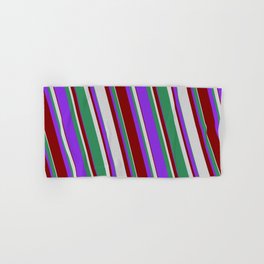 [ Thumbnail: Purple, Maroon, Light Gray, and Sea Green Colored Stripes Pattern Hand & Bath Towel ]