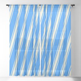 [ Thumbnail: Blue and Beige Colored Striped/Lined Pattern Sheer Curtain ]