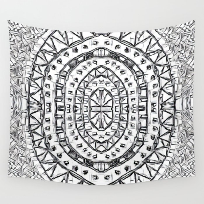 Black And White Aztec Oval Pattern Wall Tapestry