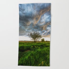 Stormy Day on the Plains - Tree Under Stormy Sky on Spring Day on the Plains of Kansas Beach Towel