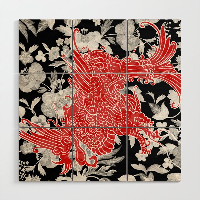 Asian Dragon on Black Floral Wood Wall Art