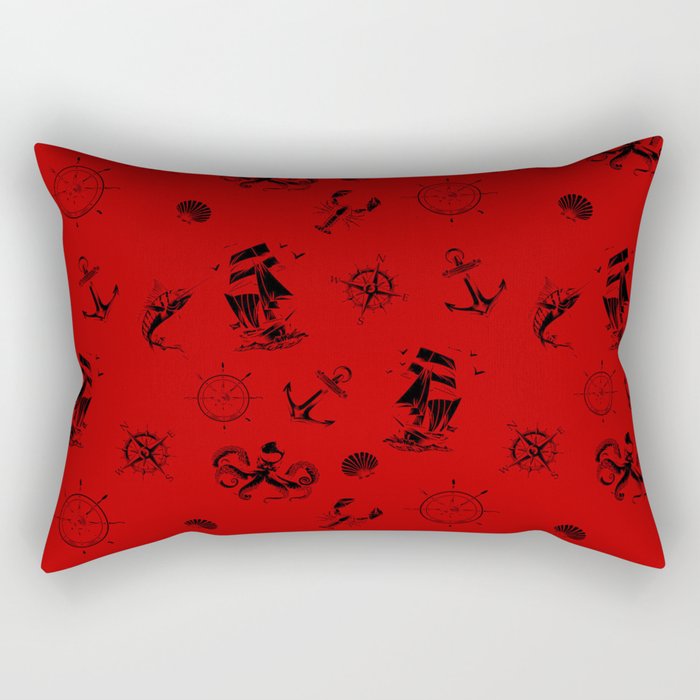 Red And Black Silhouettes Of Vintage Nautical Pattern Rectangular Pillow