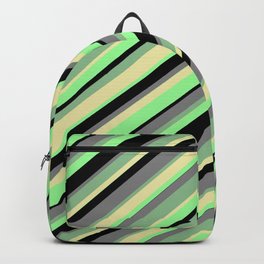 [ Thumbnail: Eye-catching Dark Sea Green, Pale Goldenrod, Green, Black, and Gray Colored Stripes Pattern Backpack ]