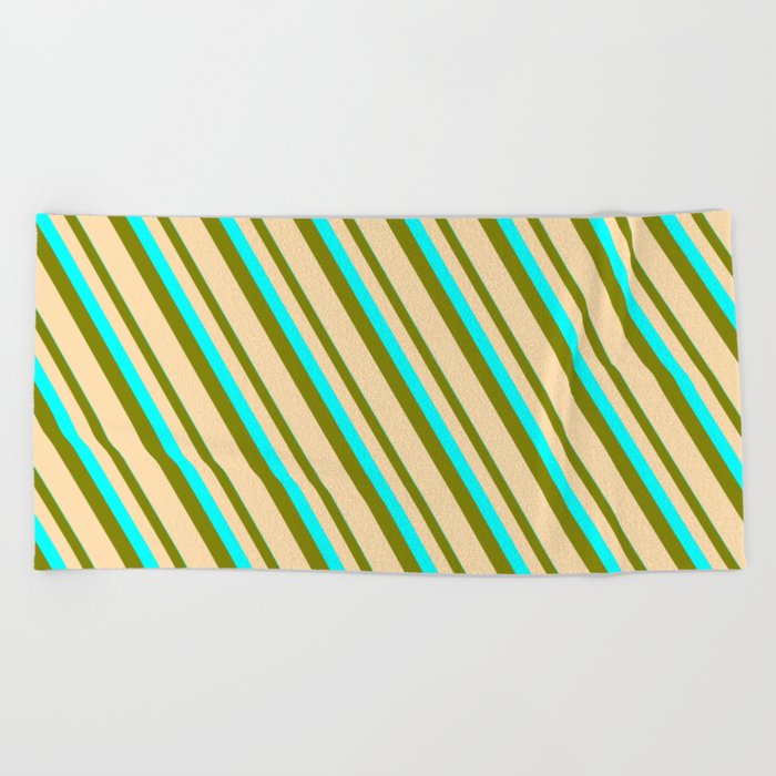 Cyan, Green, and Tan Colored Striped Pattern Beach Towel