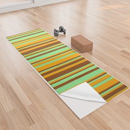 [ Thumbnail: Brown, Light Green, and Orange Colored Striped Pattern Yoga Towel ]