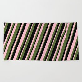 [ Thumbnail: Pink, Dark Olive Green & Black Colored Stripes Pattern Beach Towel ]