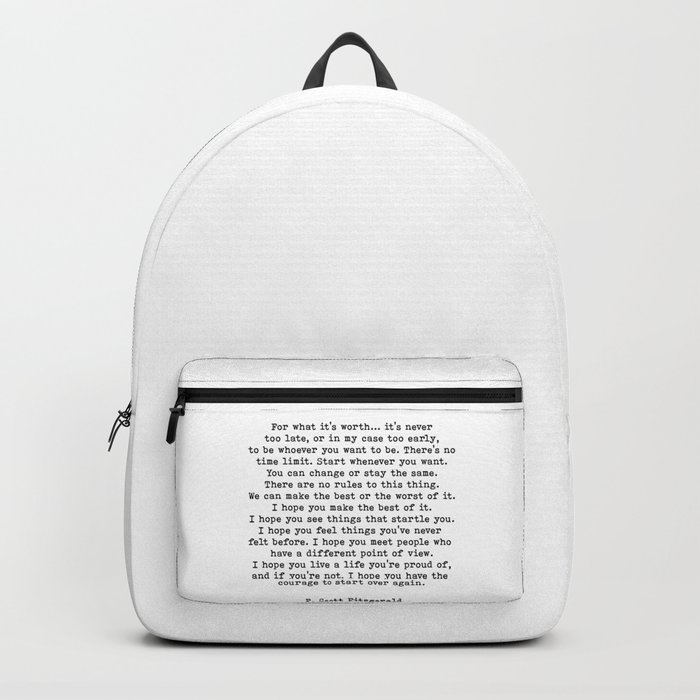 Life quote, For what it’s worth, F. Scott Fitzgerald Motivational Quote, The Great Gatsby Backpack