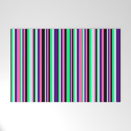 [ Thumbnail: Eye-catching Green, Lavender, Indigo, Hot Pink & Black Colored Lines/Stripes Pattern Welcome Mat ]